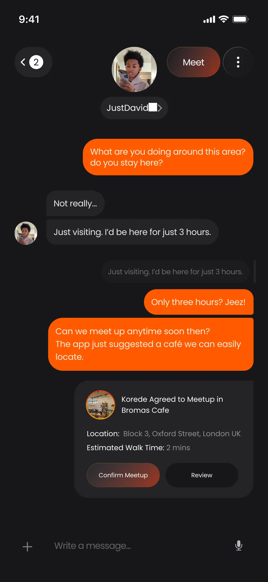 A chat where two people agree to meet up now