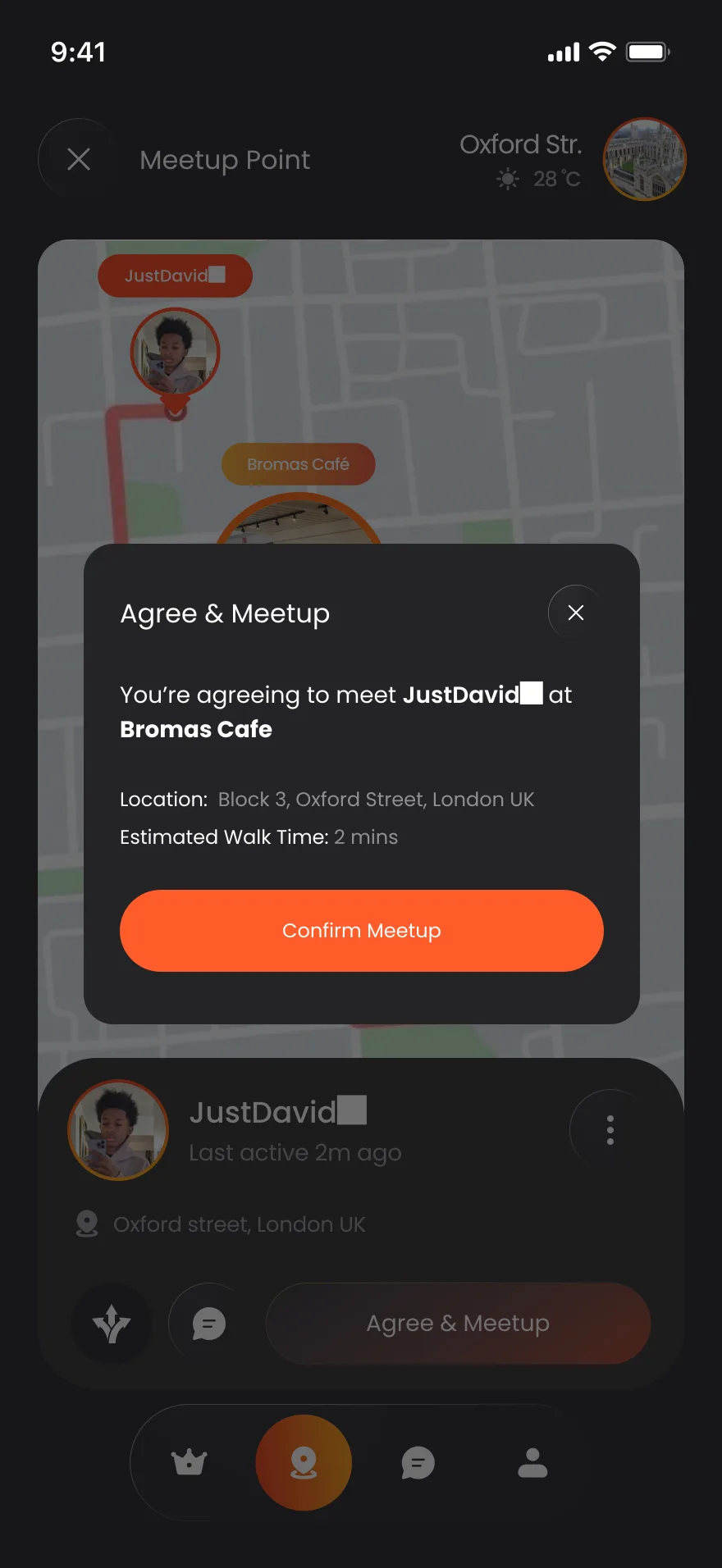 Confirming the meetup point and route on the map
