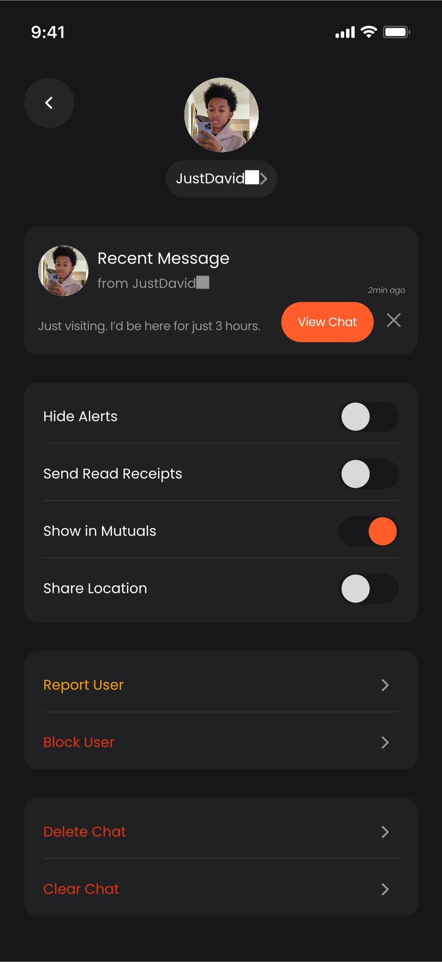 Per-chat controls: alerts, sharing, block, report and delete