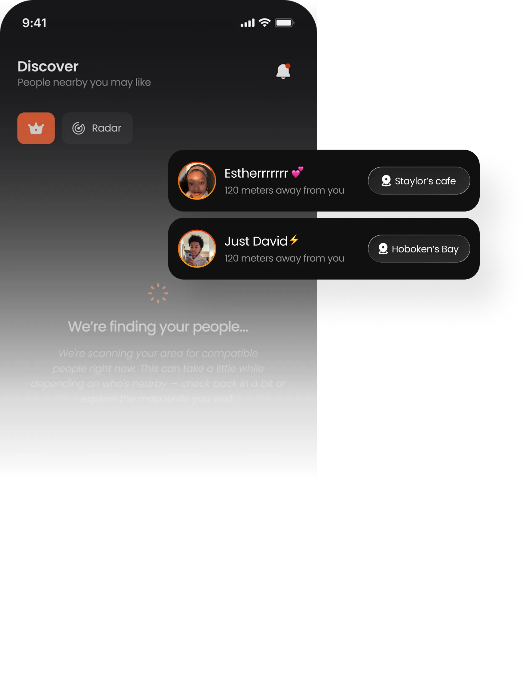 Discover screen finding compatible people nearby