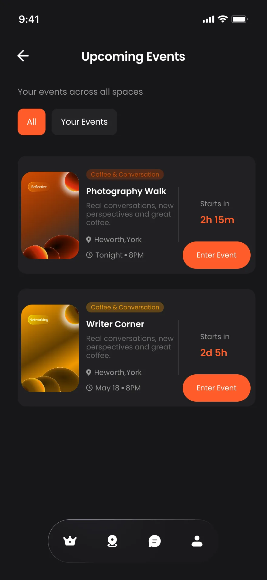 Upcoming Events across your spaces, each with a countdown