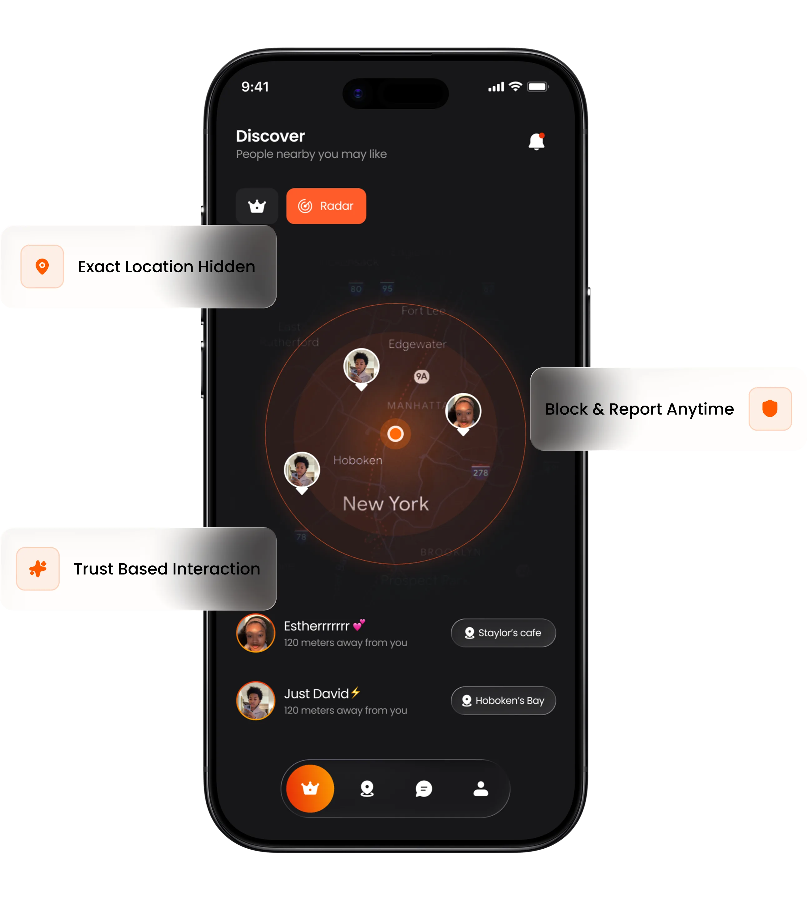 initiiator radar with privacy callouts: exact location hidden, block and report anytime, trust-based interaction