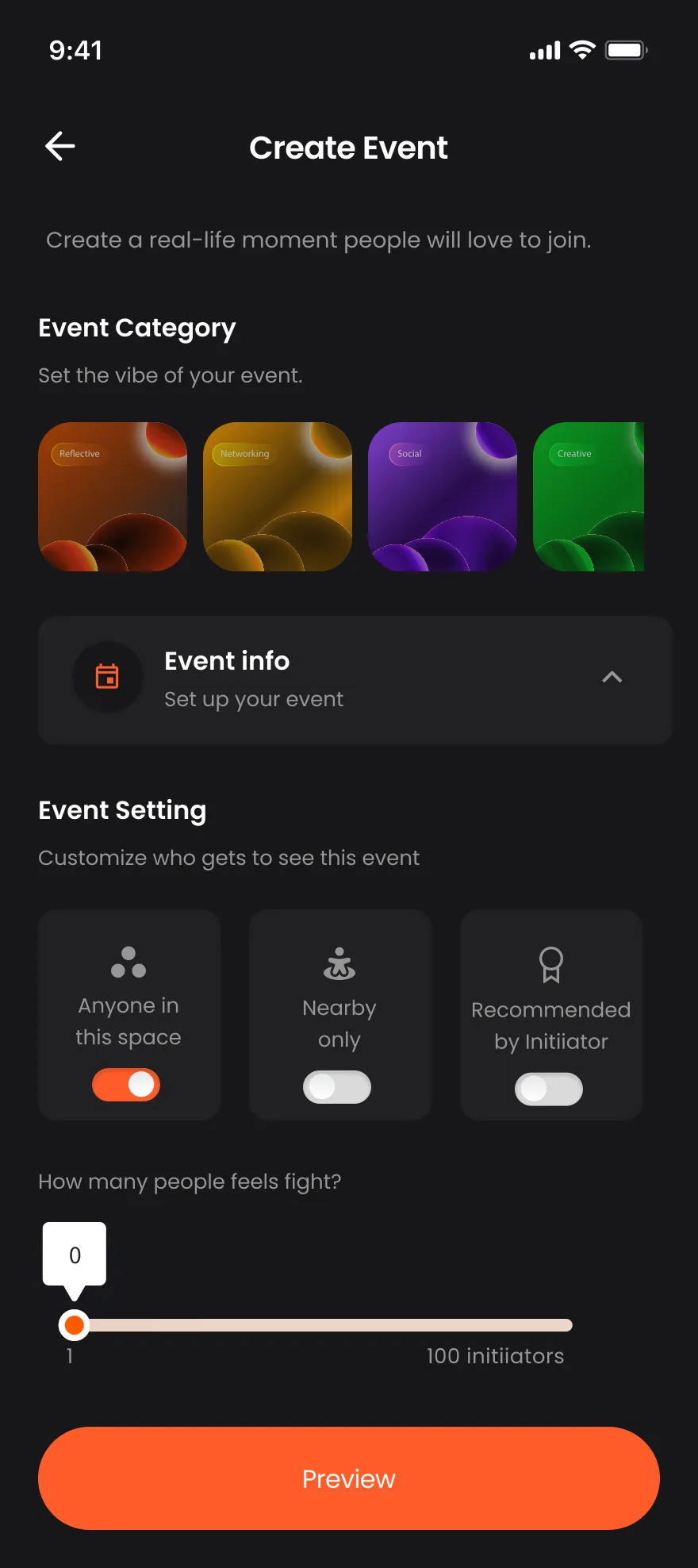 Create Event: pick a category, settings, and headcount