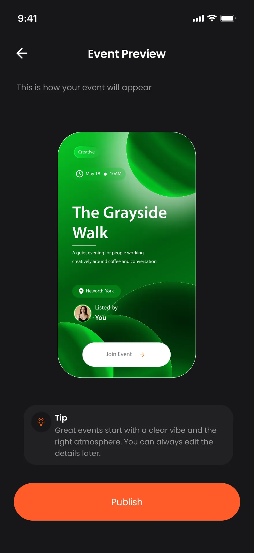 Event preview before publishing it to the community
